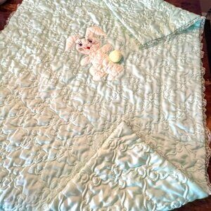 Vintage Satiny Green Bunny Blanket 28X44